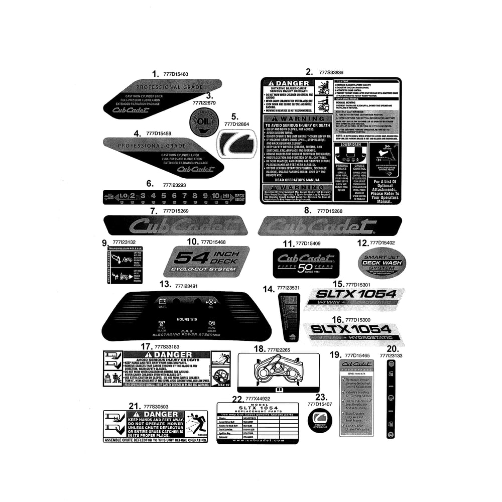 Sltx 1054 Decals Diagram and Parts List for 13WZ92AK056  Cub Cadet Lawn Tractor